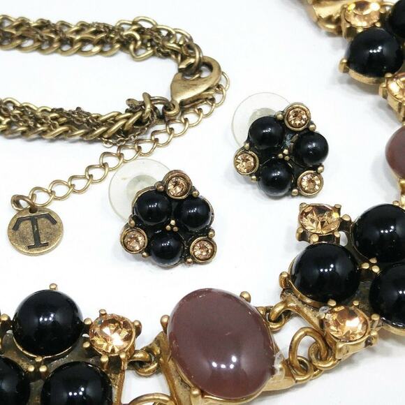 Talbots Rhinestone Necklace Bracelet Earrings Set, Black Brown Cabs, 21"  7 1/2" - Picture 3 of 7
